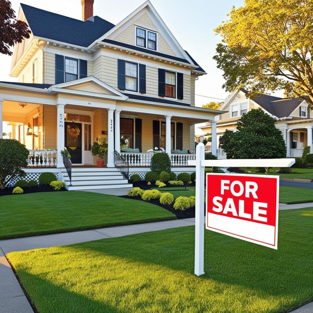 two story yellow home with for sale sign in front