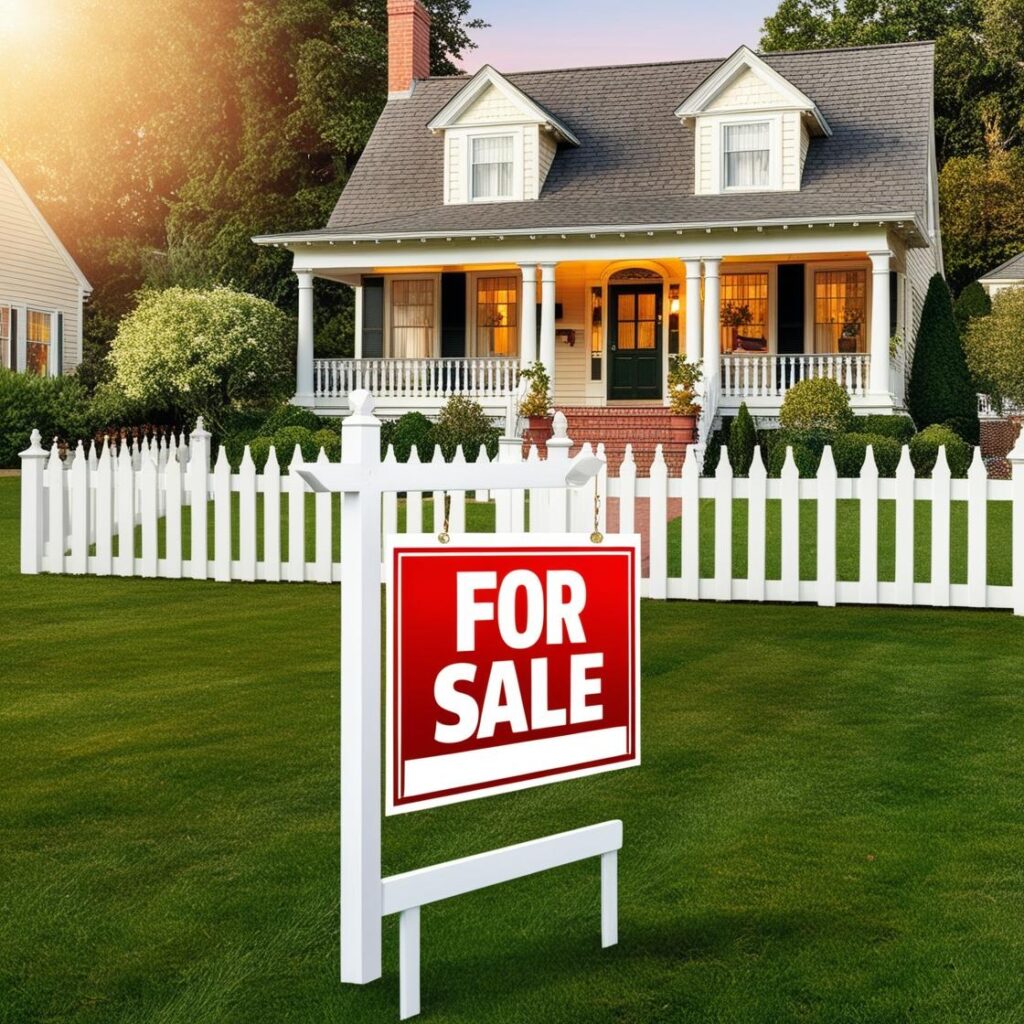 A white cottage home with covered front porch for sale